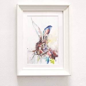 Small Framed Colourful Watercolour Hare Artwork Print