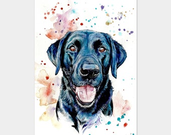 A4, A3 Smiling Black Labrador Dog Aquarelle Peinture et stylo Original Happy Art Print