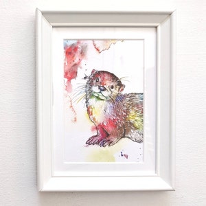 Small Framed Colourful Watercolour Otter Artwork Print