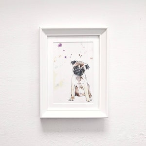 Mini Framed Pug Pen and Wash Watercolour Artwork Print