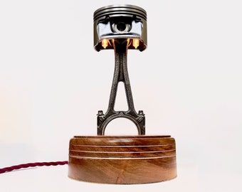 Lámpara de escritorio de pistón y varilla - Con base de madera dura, incrustación de cobre, cable trenzado
