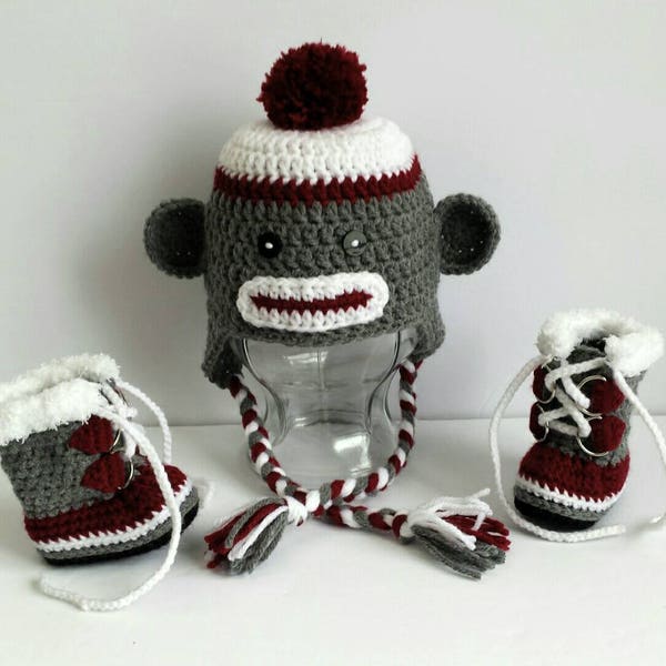 Handmade Crocheted Sock Monkey Hat & Sorels, Baby Boy, Baby Girl, Baby Hat and Booties Set, Sock Monkey, Baby Shower Gift