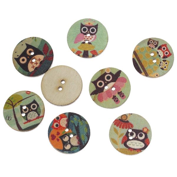 lot de 6 boutons bois hiboux