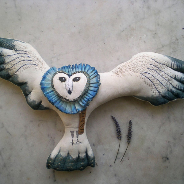 Blue Owl textile art doll soft sculpture folk art wall hanging