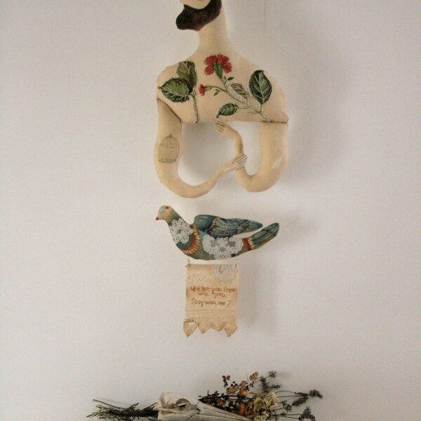The Man and the Bird... OOAK soft sculpture textile art doll wall hanging