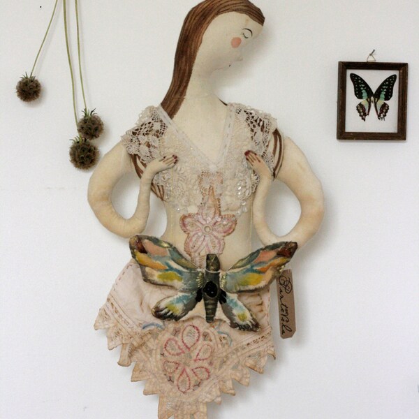RESERVED Thysania- ooak textile art doll white witch moth soft sculpture wall hanging