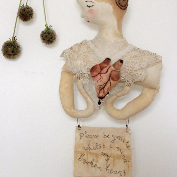 Please be Gentle- ooak textile art doll romantic soft sculpture wall art hanging