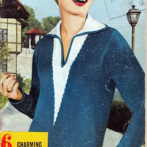 May include: A vintage knitting pattern booklet cover featuring a woman wearing a blue and white machine-knit sweater. The cover text reads "machine-knit jumpers" and "6 charming jumpers sizes 32 to 40 to make on all types of knitting machine".