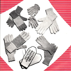 Puede incluir: Un folleto de patrones de tejido de punto vintage para guantes, titulado "Original Patterns by Strick-Madador, Basic Glove Pattern #349". La portada presenta un fondo blanco con ilustraciones de varios guantes tejidos en gris y blanco.