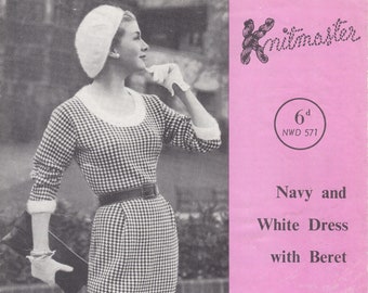 Navy and White  Dress with Beret - Knitmaster (PDF - EBook - Digital Download) - Pattern for Machine Knitting