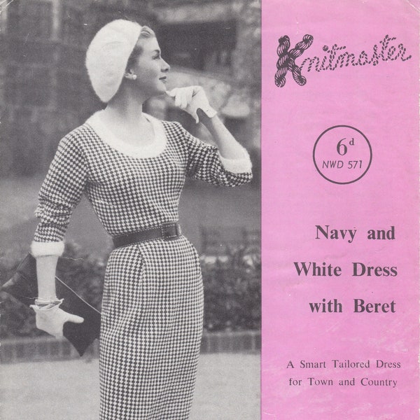 Dunkelblaues und weißes Kleid mit Baskenmütze - Knitmaster (PDF - EBook - Digitaler Download) - Anleitung zum Maschinenstricken