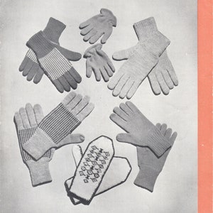 May include: Vintage advertisement featuring various knitted gloves and mittens. The image showcases gloves in different styles and patterns, including Fair-Isle mittens. The text reads "Gloves for the Family" and mentions sizes for children, teenagers, men, and women.