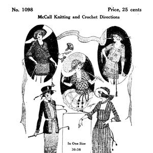 Puede incluir: Una ilustración vintage en blanco y negro de cuatro mujeres con diferentes vestidos de punto y ganchillo. La ilustración es de un libro de patrones de punto y ganchillo de McCall's. El texto de la página dice: "No. 1098 Precio, 25 centavos McCall Knitting and Crochet Directions In One Size 36-38 Bust Measure Directions given inside of envelope"