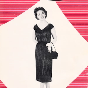 May include: A black and white image of a woman wearing a black crochet dress and black heels. The image is on a pink and white background with the text "Original Patterns by Strick-Malador" and "Cocktail Dress No. 46" in black. The text "PRICE 10 CENTS" is also in black at the bottom of the image.