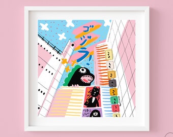 Goji Chan in Kabukicho - Art Print | Kaiju Art Print • Kawaii Illustration Art Print • Aesthetic Illustration  •  Illustrated Print • Deco