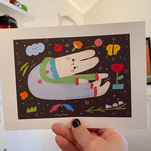 Slouchy Bunny en su país de los sueños / Kawaii Cute Illustration Art Print • Ilustración estética • Impresión ilustrada • Decoración del hogar para niños