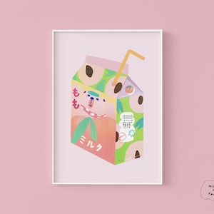 Impression d'art au lait de pêche - format A4 ou carré (180 g/m²) Impression d'art illustration kawaii • Illustration esthétique • Impression illustrée • Décoration d'intérieur
