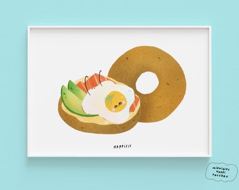 Bagel Salmon Avocado - Art Print A4 (180gsm) Kawaii Illustration Art Print • Aesthetic Illustration • Illustrated Print • Food Home Decor