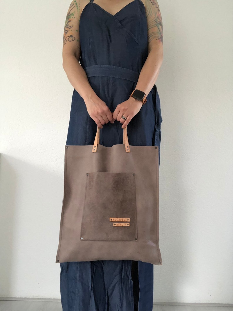 Light greyish brown leather tote