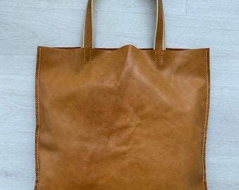Extra large hand stitched brown leather tote