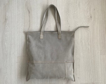 Large grey suede leather tote bag with zipper closure