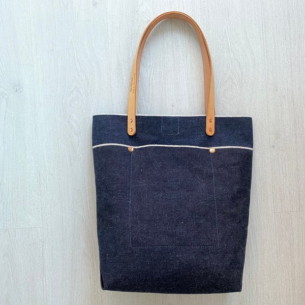Japanese selvedge denim tote with leather handles