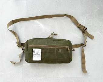 Upcycled dutch military duffel bag into a small crossbody bag