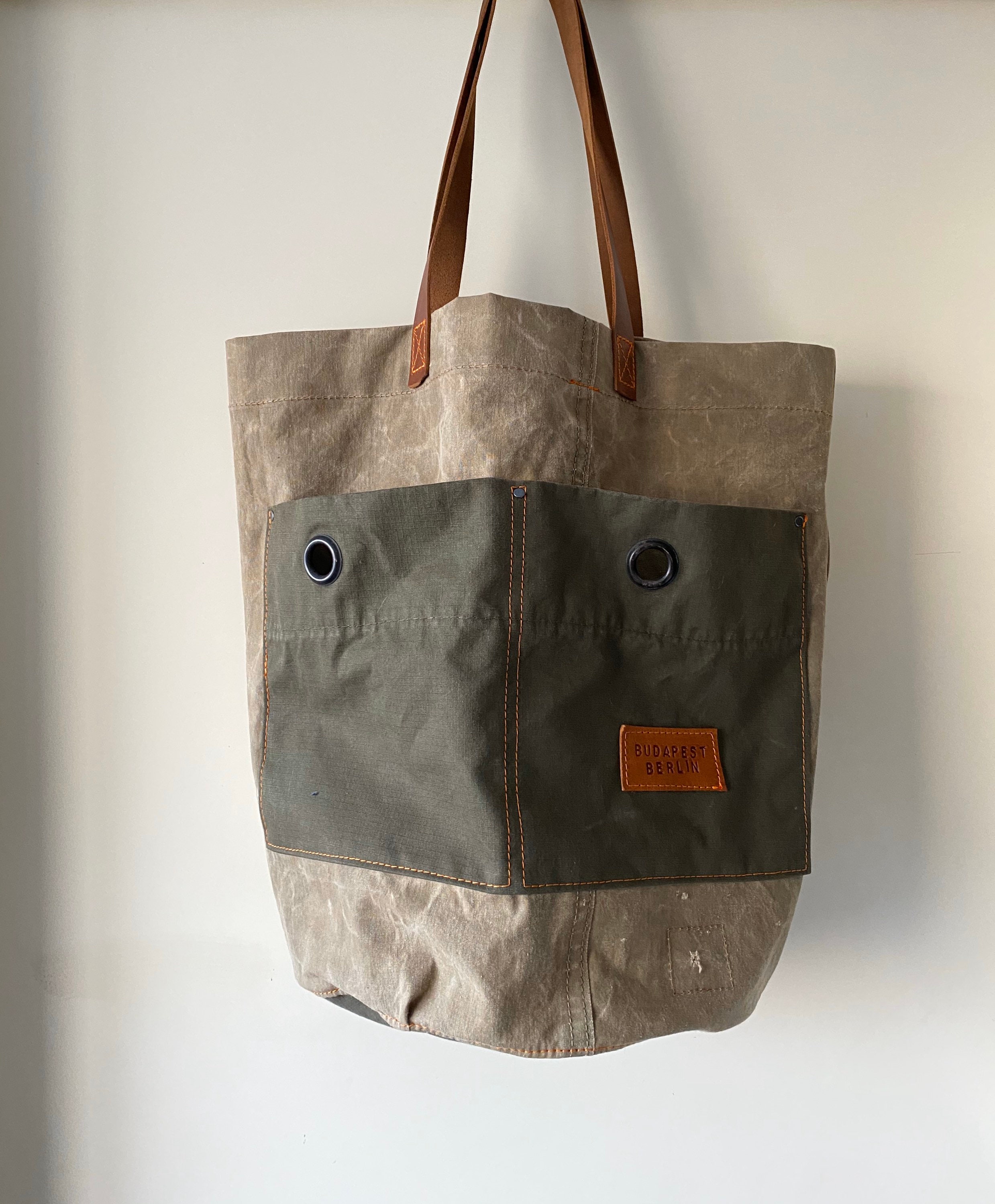 Upcycled Military Canvas and Leather Bucket Style Tote Bag Upcycled Military Canvas and Leather Bucket Style Tote Bag