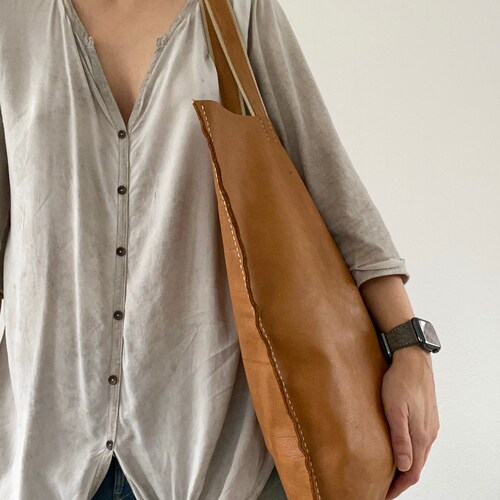 Extra large hand stitched on sale brown leather tote