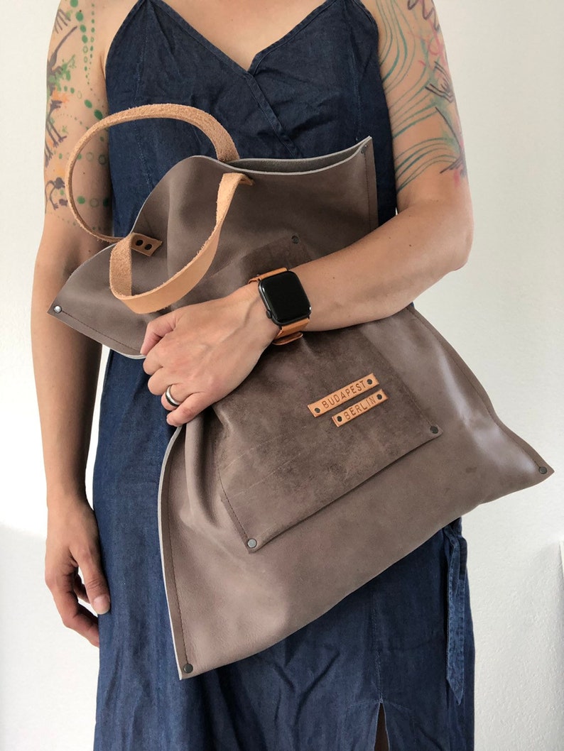 Light greyish brown leather tote