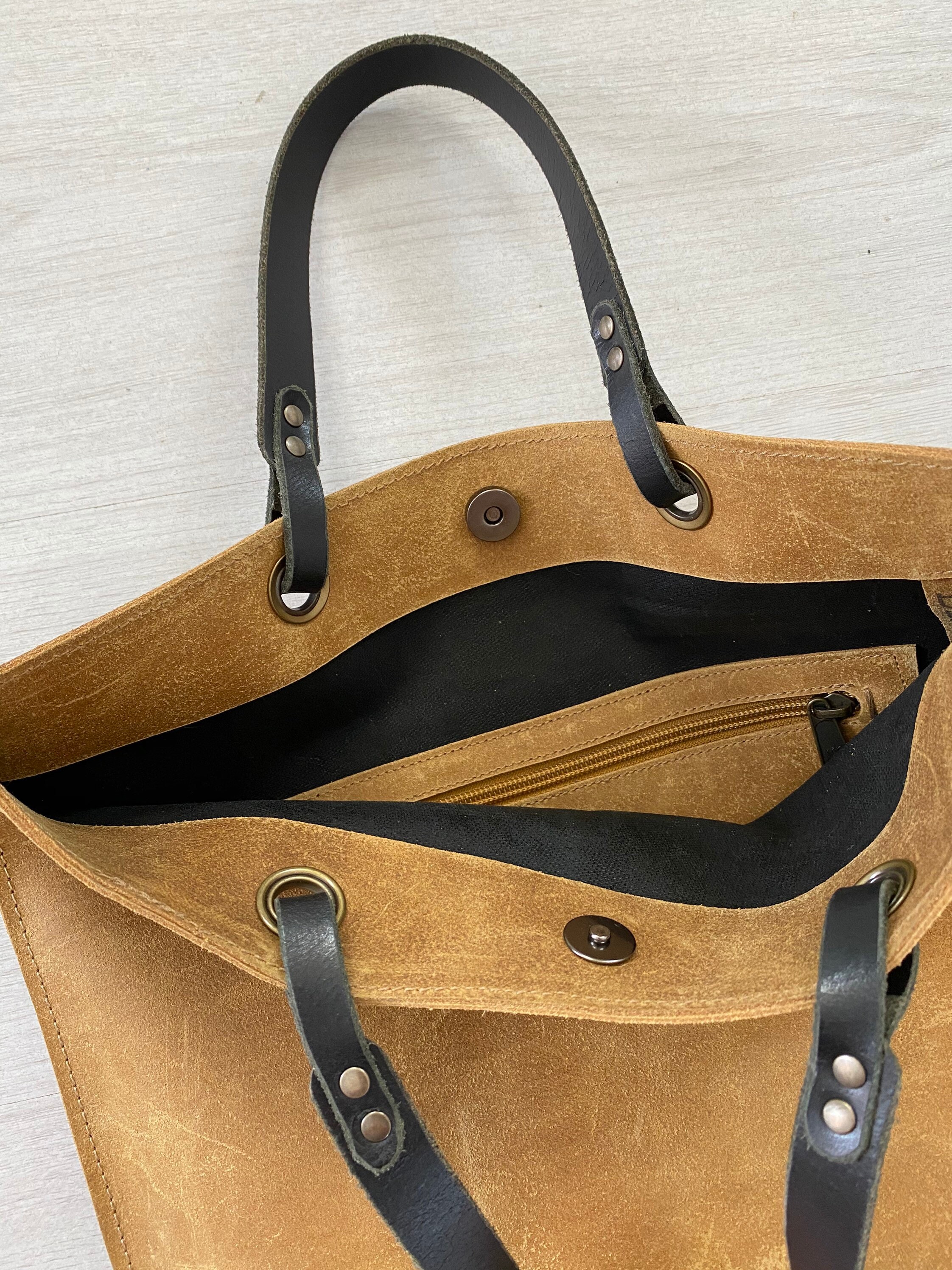 Distressed brown leather tote bag with black handle Etsy