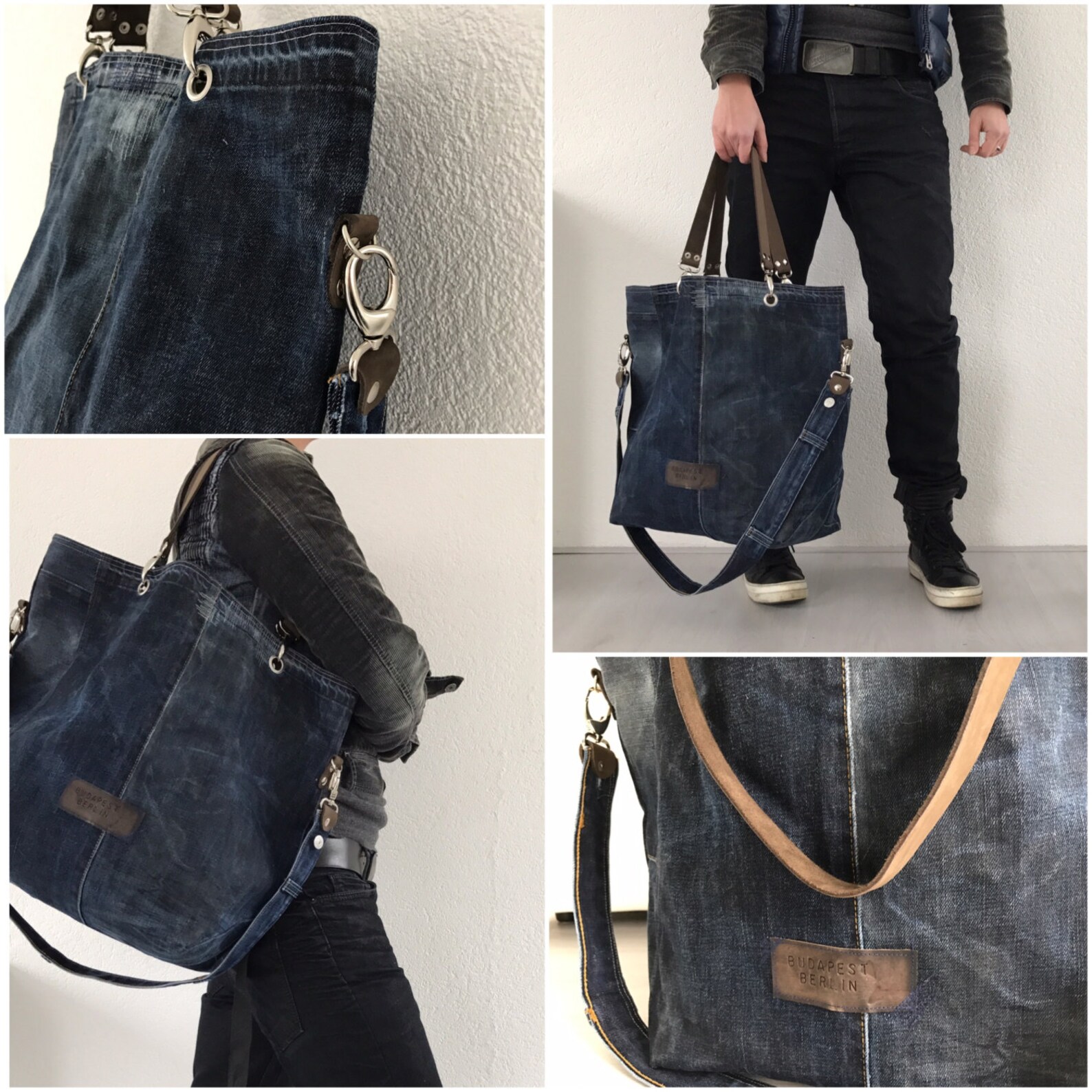Large waxed denim and leather tote bag market bag Etsy