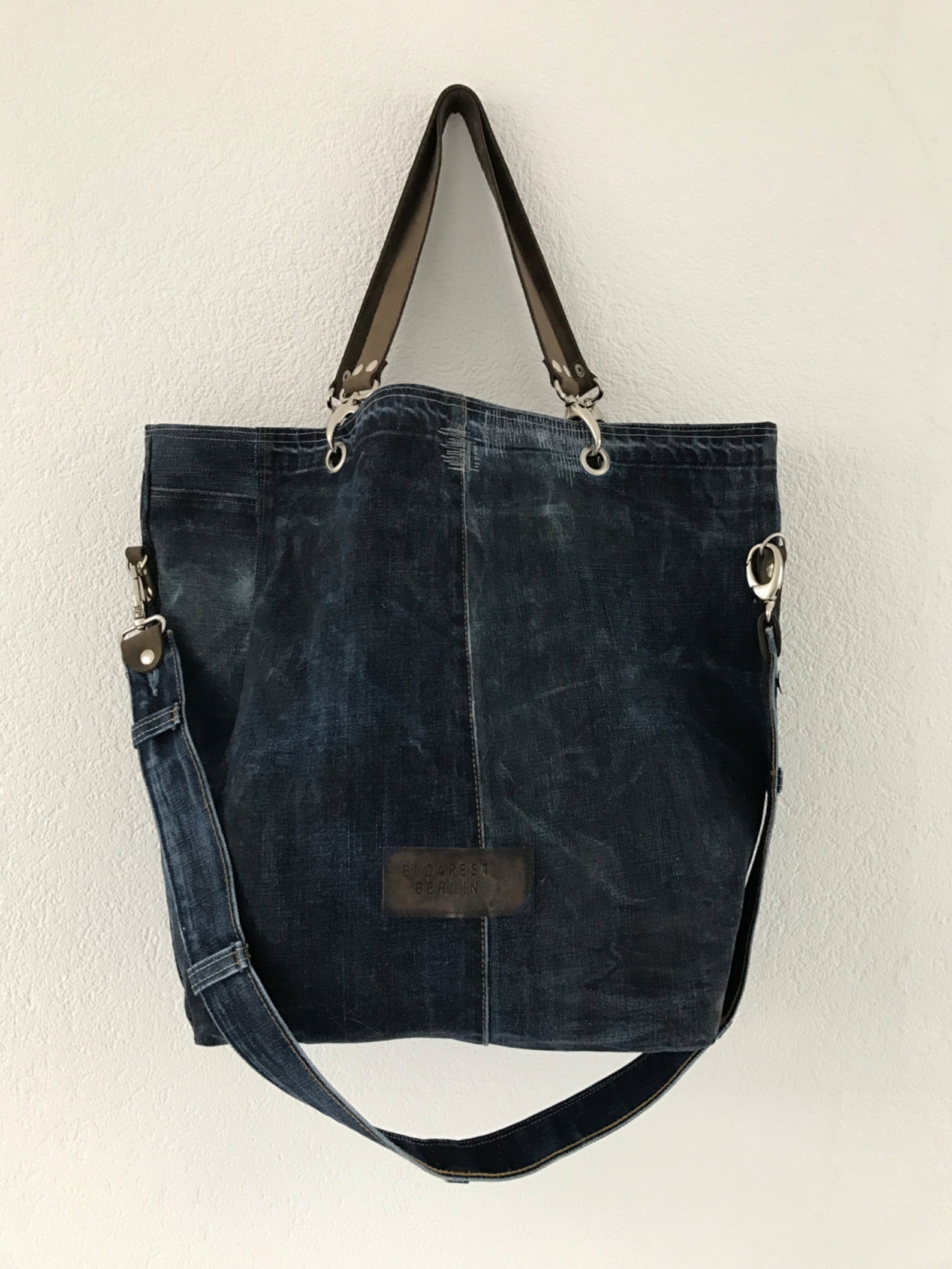 Large waxed denim and leather tote bag market bag | Etsy