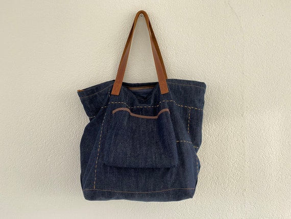Denim Tote Bag With Leather Straps and Decorative Stitching