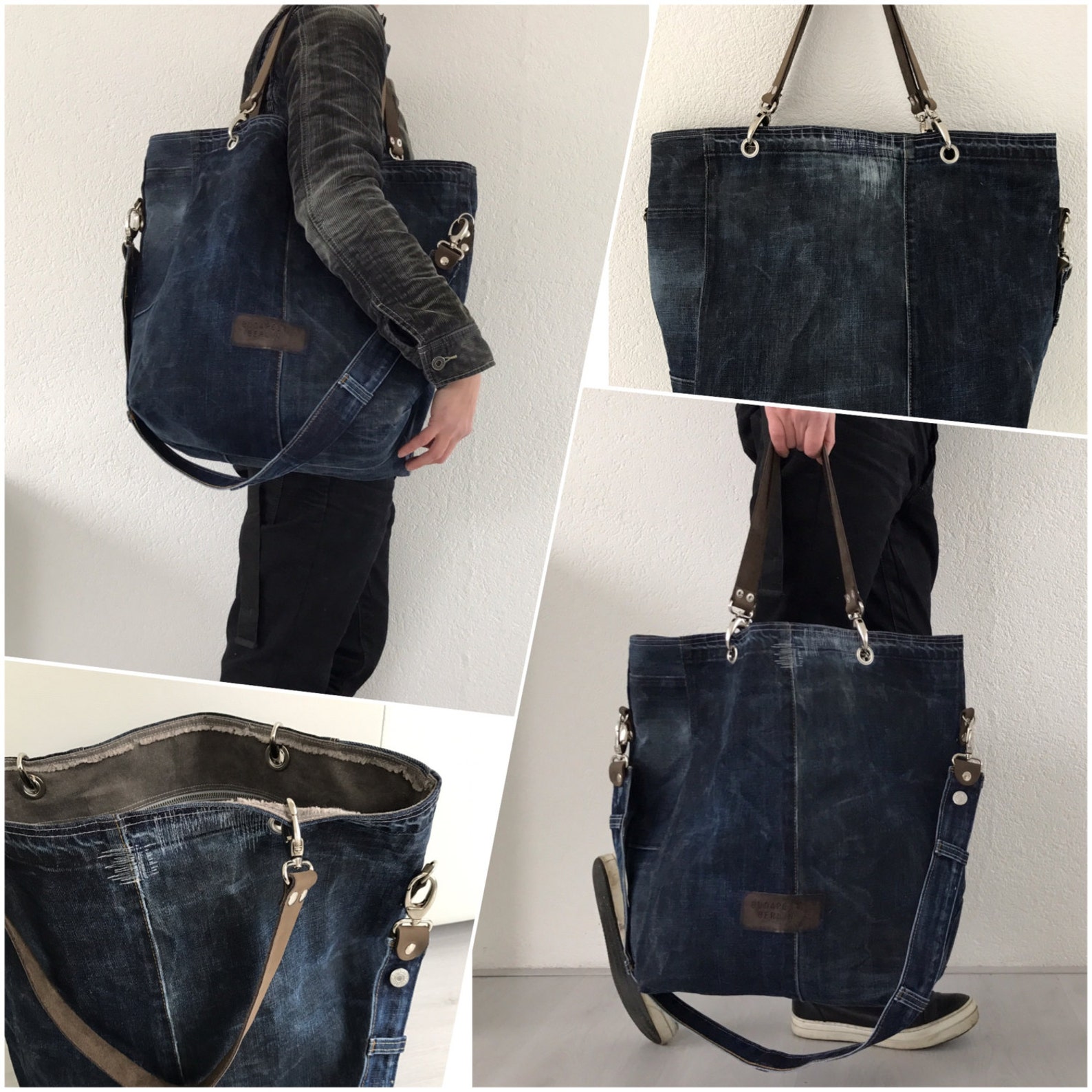 denim leather handbags