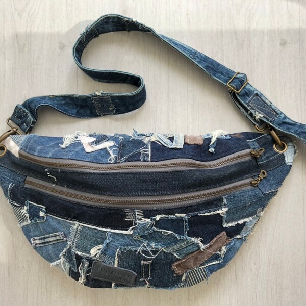 Recycled denim crossbody bag, zero waste denim bag, oversized fanny pack style bag, distressed denim