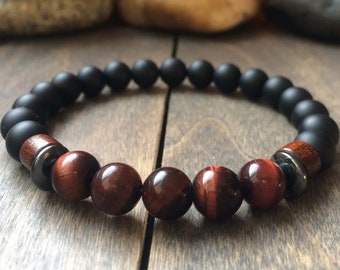Red Tiger’s Eye - Bead Bracelet, Chakra Healing Bracelets, Lava Rock, Crystal Healing Jewelry, Energy Bracelet, Gemstone Bead Bracelet, Gift