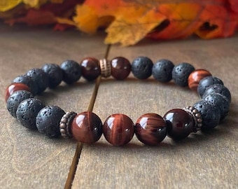 Red Tiger's Eye & Lava Rock, Mens Bead Bracelet, Natural Stone, Bracelets for Men, Bracelet for Him, Protection Stone, Energy Bracelet, Mens