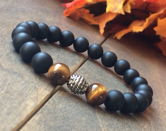 Men's Tiger's Eye and Black Onyx Beaded Bracelet, Chakra Stone Jewelry