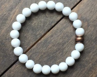 Mens White Jade Bracelet, Matte Gemstone Bead Bracelet, Handmade in LA
