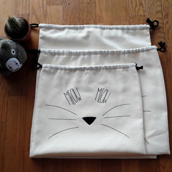 Sac pochon Gattu - Sac à cordon en coton peint à la main motif tête de chat