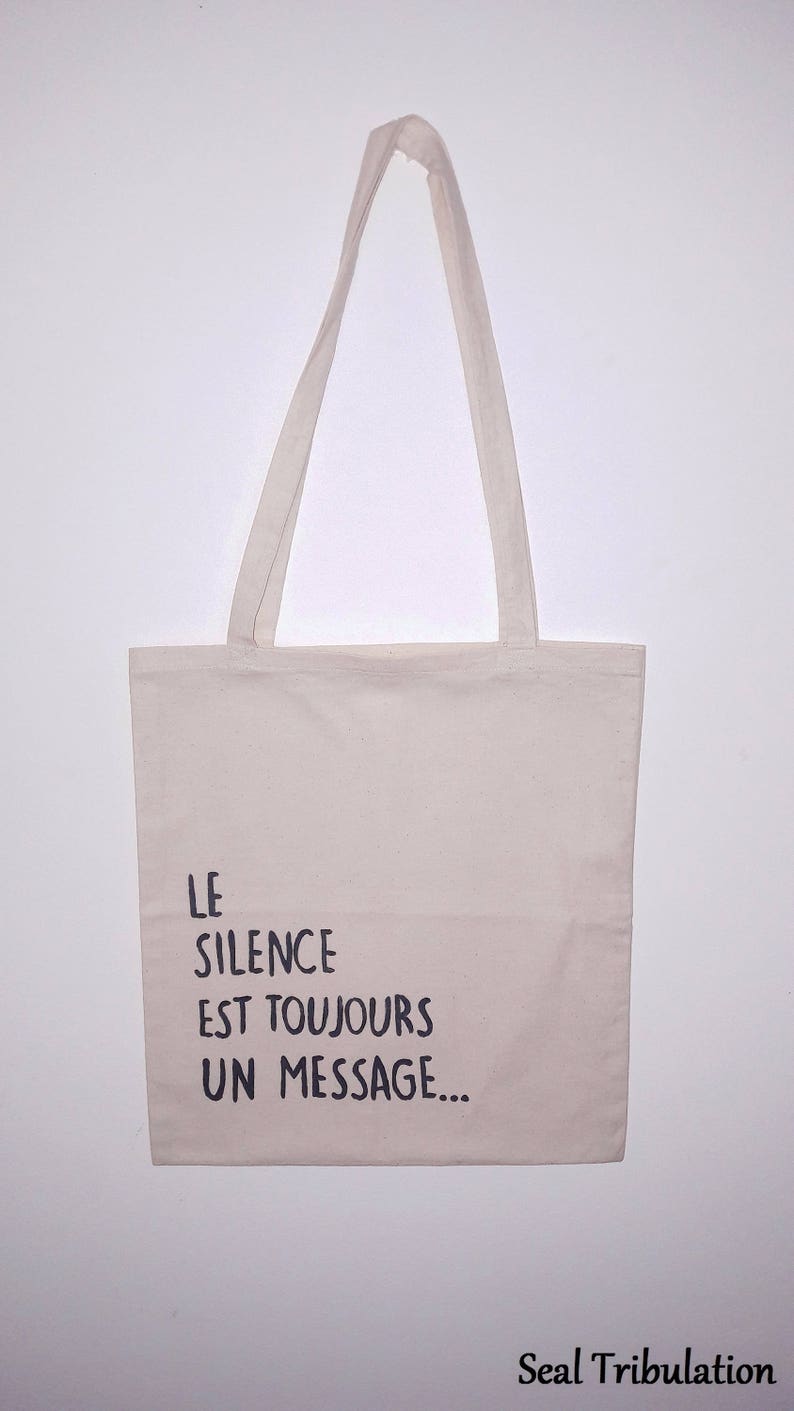 Tote bag Silenciu Sac fourre-tout en coton peint à la main le silence est toujours un message, le silence est d'or image 2