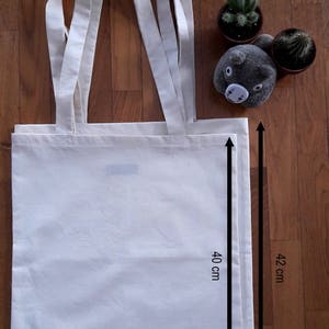 Op de afbeelding: Een blanco canvas draagtas, 36 cm breed en 40 cm hoog, met lange handvatten. De tas is gemaakt van een lichtgekleurde stof. De totale hoogte van de tas is 42 cm. De tekst "Seal Tribulation" staat onderaan.