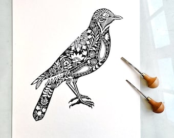 originele linoleum print vogel, zwart