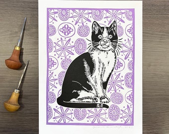 originele lino print kat op papier, licht paars/ zwart