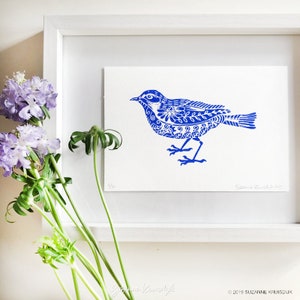Original Vogel Linoldruck auf Papier, blau, limitierte Auflage