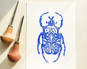 original beetle lino print on paper, blue, limited edition