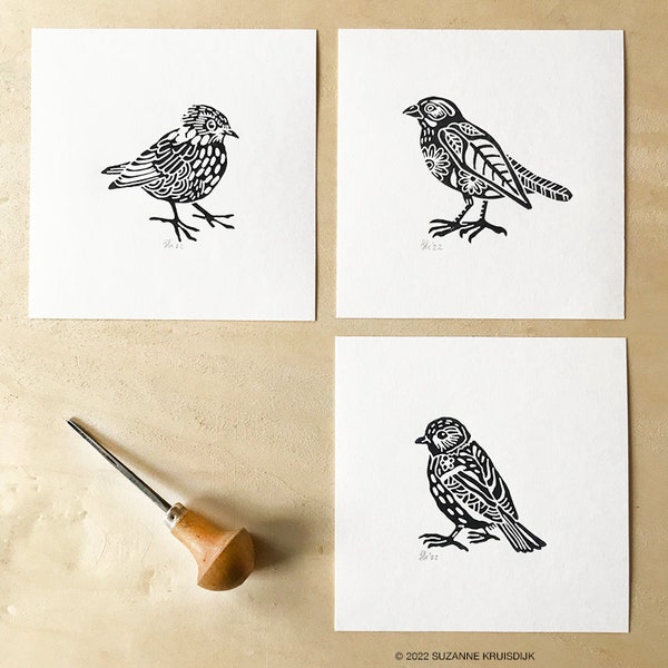 set 3 original bird lino prints on paper, black