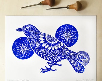 original bird and flowers linoleum print on paper, blue