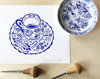 original teacup linocut print on paper, flower pattern, blue